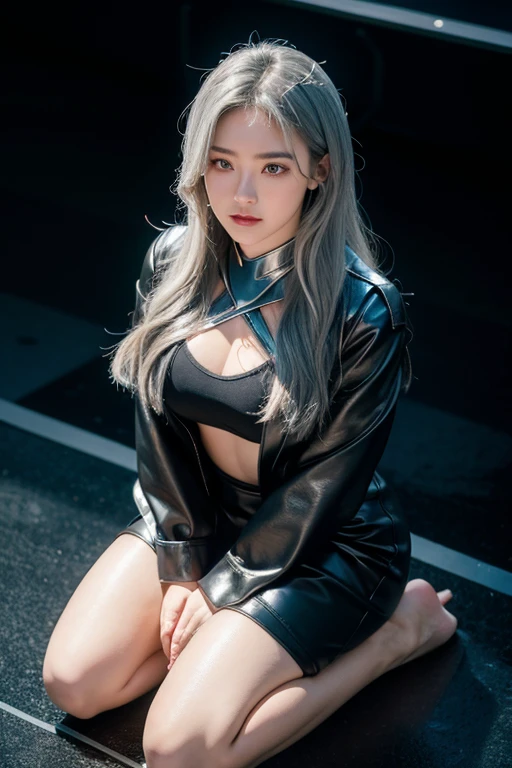 21 year old girl, Grey hair, helper: 1,5, hands crossed on thighs, (kneel in front of the audience: 1.6), (from above: 1.6), medium natural breasts, chubby body, one side hair clip blusher, modern cinematic lighting , Ray Tracing, drop shadow wide shot UHD, textured leather, high detail, best 4K quality, lying in bed, facial styling, sad.