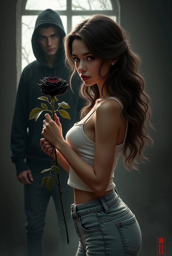 The image shows a woman with long brown hair, wearing light denim pants and a white tank top, holding a black rose and looking at flower. She is in a dark and mysterious environment, with a window behind it, where you can see a shadowy figure, a man wearing a black hoodie watching. The woman appears to be in a romantic and enigmatic situation.