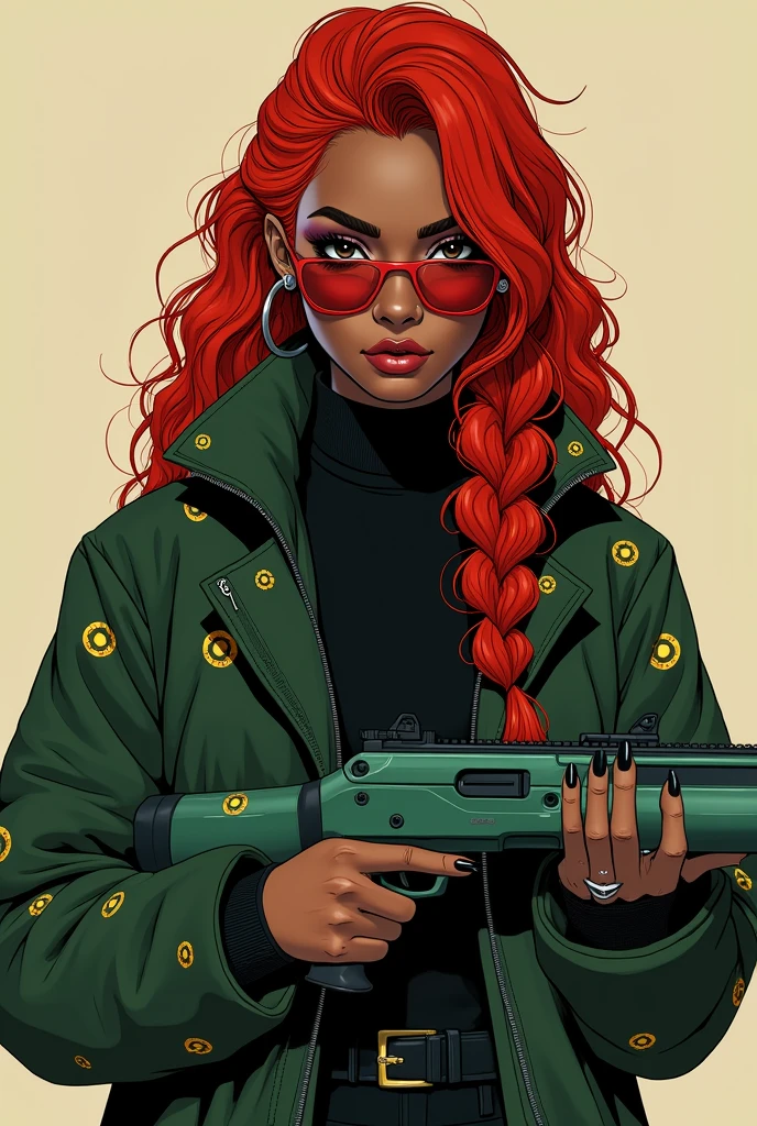 a female character in 2d cyberpunk style, A 28 year old woman, dark brown skin, eyes on black color, serious eyebrows. her hair is long, curly and bright red in color, tied in a braid that falls over her shoulder, wears a thick dark green jacket with strange symbols scattered randomly, bright golden in color. wears a turtleneck blouse tucked into the jacket. a pair of red protective glasses on the eyes in a straight shape. a small hoop earring in her right ear and has some scars on her face and neck. holds a green colored shotgun, your nails are long with black polish.