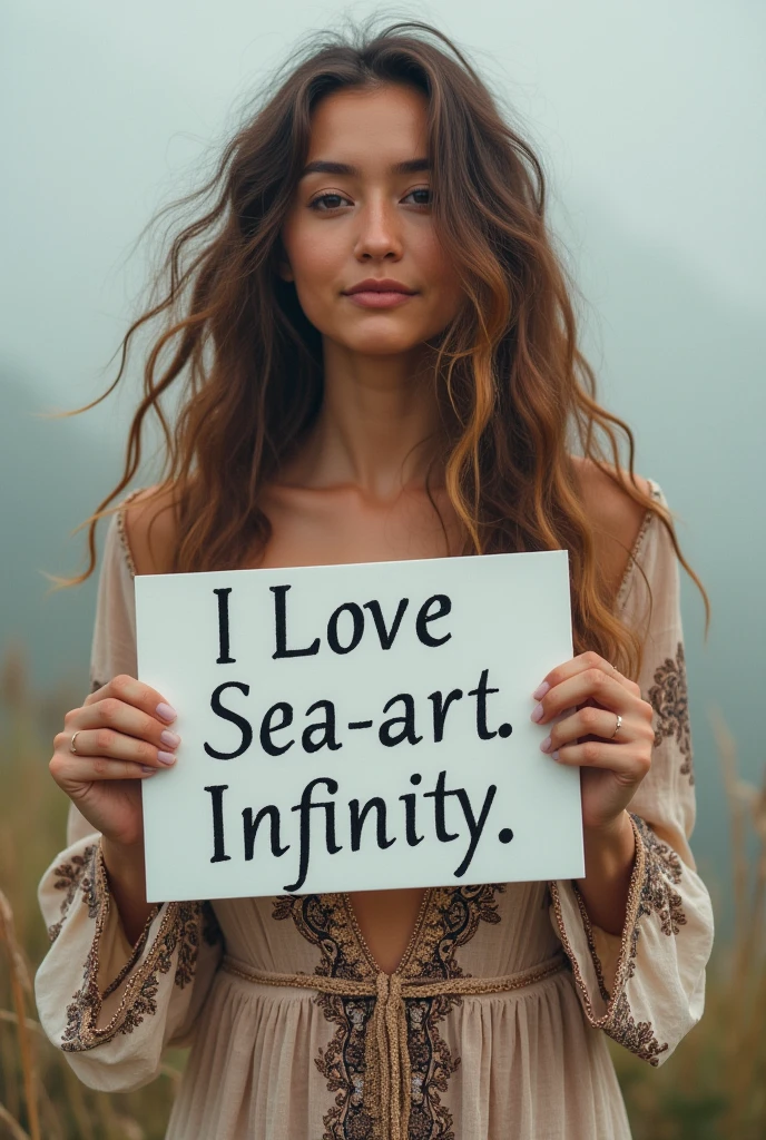 Beautiful girl with wavy long hair, bohemian dress, holding a white board with text "I Love Seaart Infinity" and showing it to the viewer