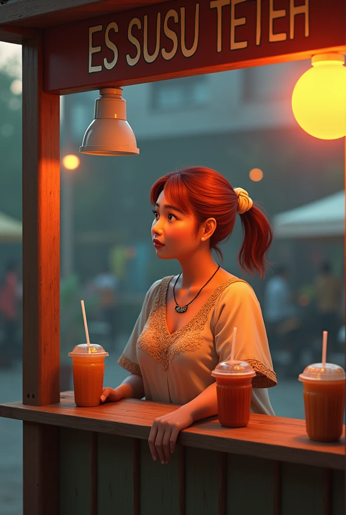 vierealistic photo shows a 23 year old Sundanese girl selling iced tea. She was wearing a knee-length reed house dress, chubby, her hair was dyed slightly reddish, tied in a ponytail, wearing a necklace that said "putra" She was in a simple booth that was marked "ES SUSU TETEH" in big letters and spelled correctly. Late afternoon atmosphere, illuminated by the setting sun. very detail.