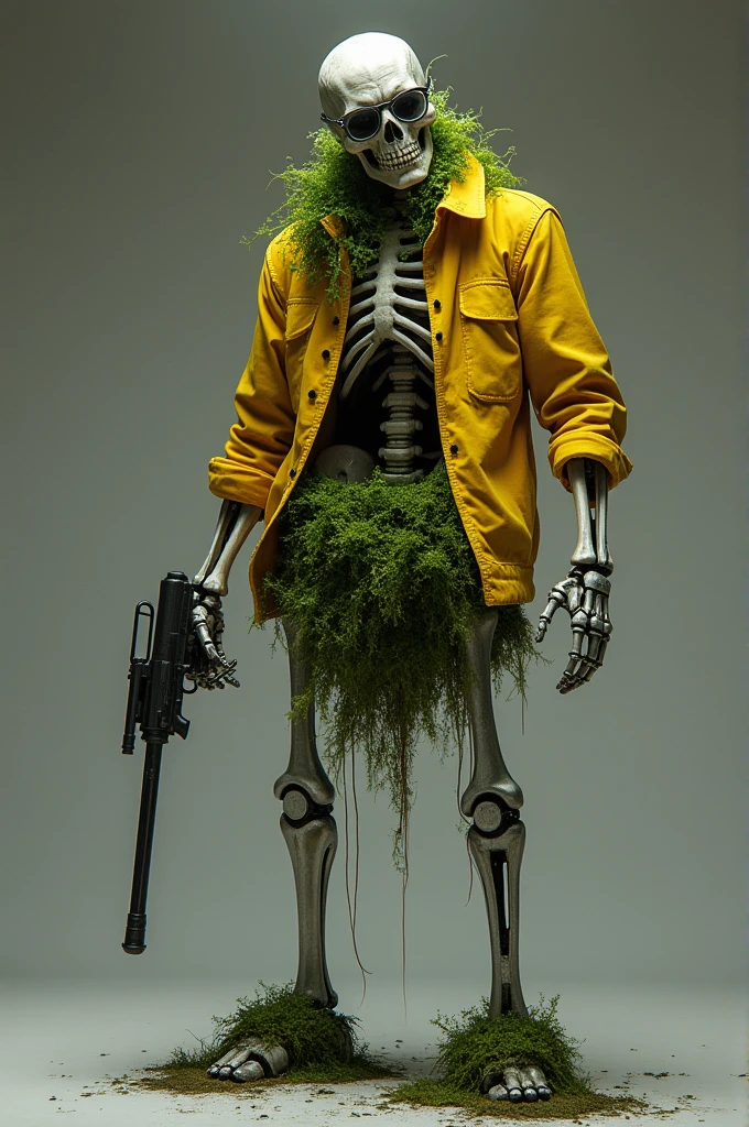 Skeleton wearing a yellow shirt, a head with teeth, wearing glasses, looking angry, wearing jeans with metal legs, half body is moss, right hand holding a gun, left hand raising thumb.