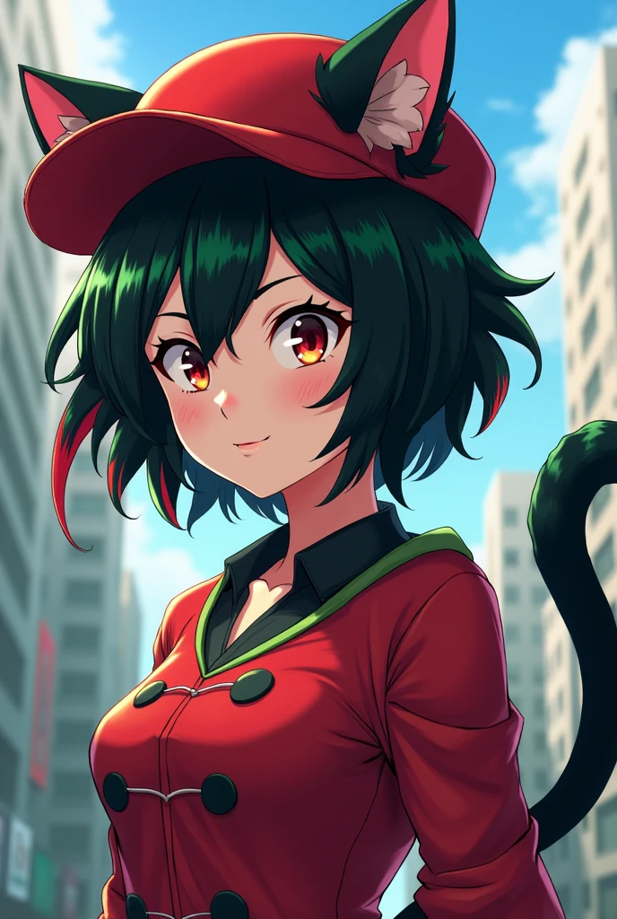 Create an original My Hero Academia oc with the following characteristics;
1- that she is a woman 2- that she has short hair 3- that she has a red hat 4- that she has cat ears and a tail 5- that she has black hair with green and red streaks