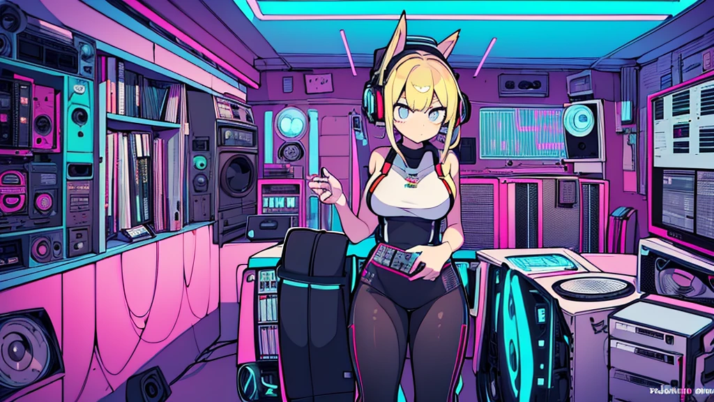 Best quality, (masterpiece), best detail face,1 girl, big breasts, 18 yo, 8k,absurdres,unity 8k wall paper,(extremely detailed:1.3), highest realistic, (retro headphones:), (soft neon light:), (psychedelic), Her room full of music equipment and records, sports wear , See the whole room , pony tail hair, blonde hair
