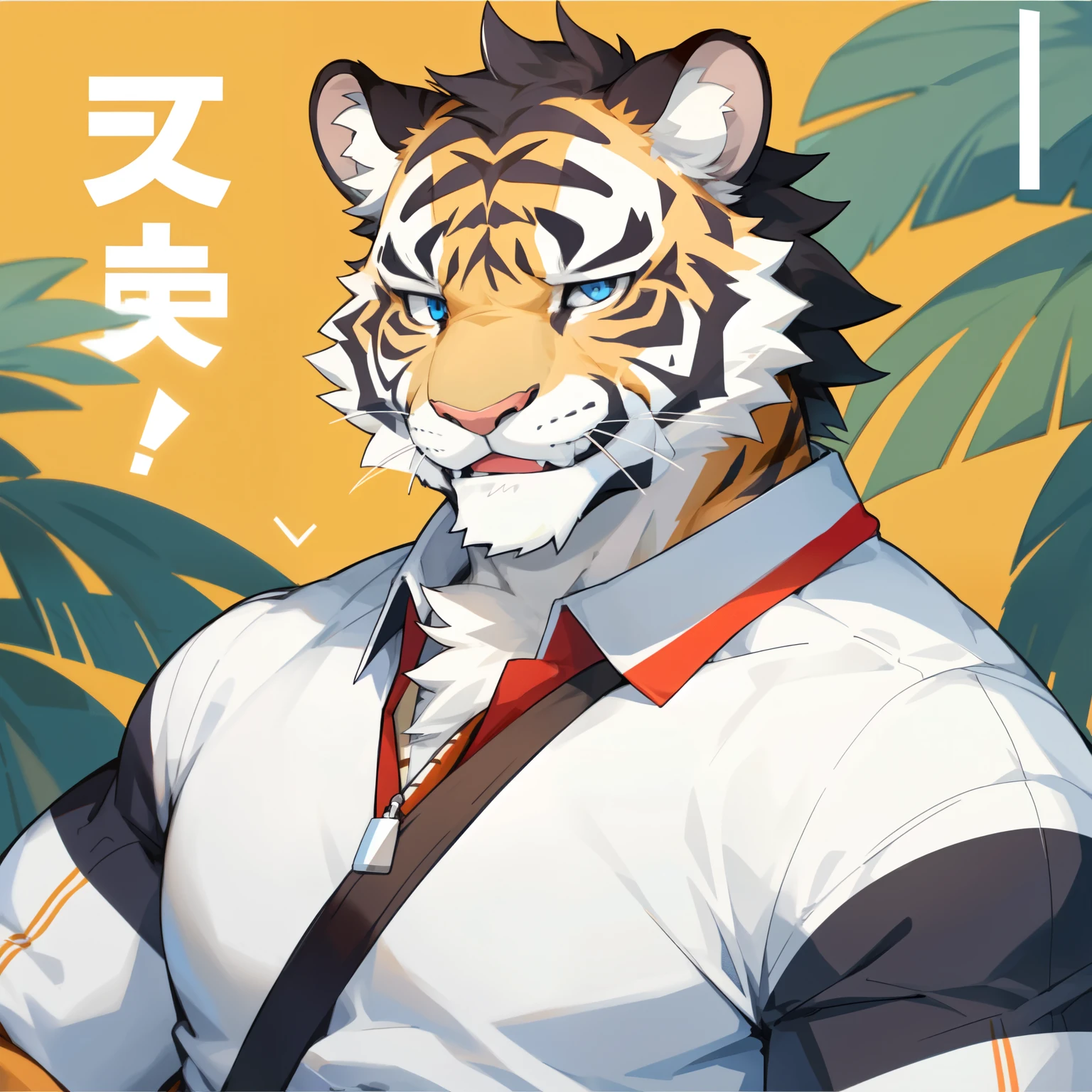 male, Furry tiger, charming, rich, Head only, rich, solitary,White fur,，front Photo，Casual wear，Smile，Zoom in on facial details，Strong body，Avatar size,Front ID photo!