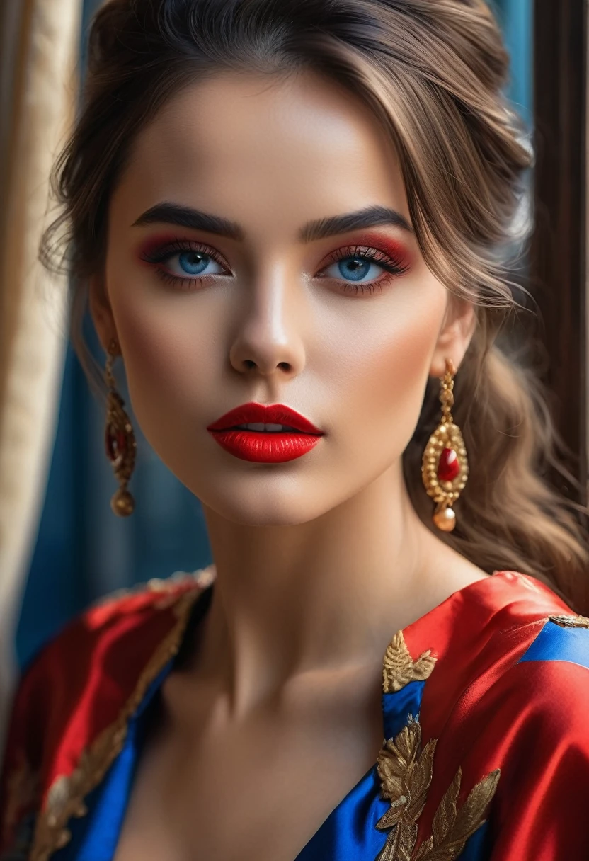 (best qualityer, 4K, 8k, high resolution, work of art: 1.2), (super verbose, realisitic, Fotorrealisitic:1.37)A captivating young woman, wearing a striking red and blue ensemble, stands in front of a window with an air of toughness and determination. Her enchanting eyes are exquisitely detailed, capturing every shine and depth, while her lips boast a meticulous beauty that is both captivating and seductive. The level of detail extends to the entire face, every contour and feature meticulously rendered to perfection, creating a sense of hyperrealism that draws the viewer in.
The costume of , reminiscent of oil painting art, é uma work of art em si. The factory, expertly crafted to resemble vibrant brushstrokes, adds a touch of dynamism to your overall look. It is a true reflection of the artist's talent, showing mastery