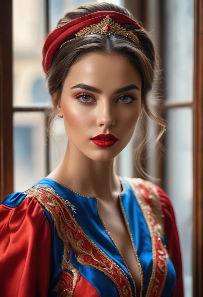 (best qualityer, 4K, 8k, high resolution, work of art: 1.2), (super verbose, realisitic, Fotorrealisitic:1.37)A captivating young woman, wearing a striking red and blue ensemble, stands in front of a window with an air of toughness and determination. Her enchanting eyes are exquisitely detailed, capturing every shine and depth, while her lips boast a meticulous beauty that is both captivating and seductive. The level of detail extends to the entire face, every contour and feature meticulously rendered to perfection, creating a sense of hyperrealism that draws the viewer in. 

The costume of , reminiscent of oil painting art, é uma work of art em si. The factory, expertly crafted to resemble vibrant brushstrokes, adds a touch of dynamism to your overall look. It is a true reflection of the artist&#39;s talent, showing mastery