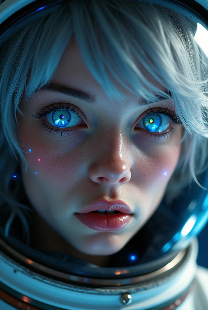 (Close-up of a better masterpiece:1.5)0.9], (Space and astronauts:1.2) (Messy silver hair:1.1) (Heterochromia xanthochromia and blue eyes:1.2) (Space Helmet:1.0) (Colored stars in the eyes:1.0) (A radiant glow:1.1) (thick lips:0.9)