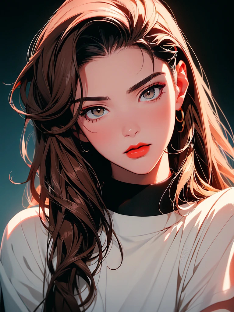 2d illustration, anime, a painting in fine arts, in manhwa style, (boa hancock), 1girl, brown hair, long hair, big hair, golden eyes, makeup, (red lips), beautiful, high definition, masterpiece, best quality, high detail, high detailed eyes, grain filter, Detailed lips, high resolution, ultra-detalhado, mulher caucasiana, realista proportions, Anatomicamente preciso, bochechas rosadas; intimate distance, dark lighting, alta qualidade, premiado, high resolution, 8k, dark atmosphere, ((sexy)), (detail eyes), (mature)