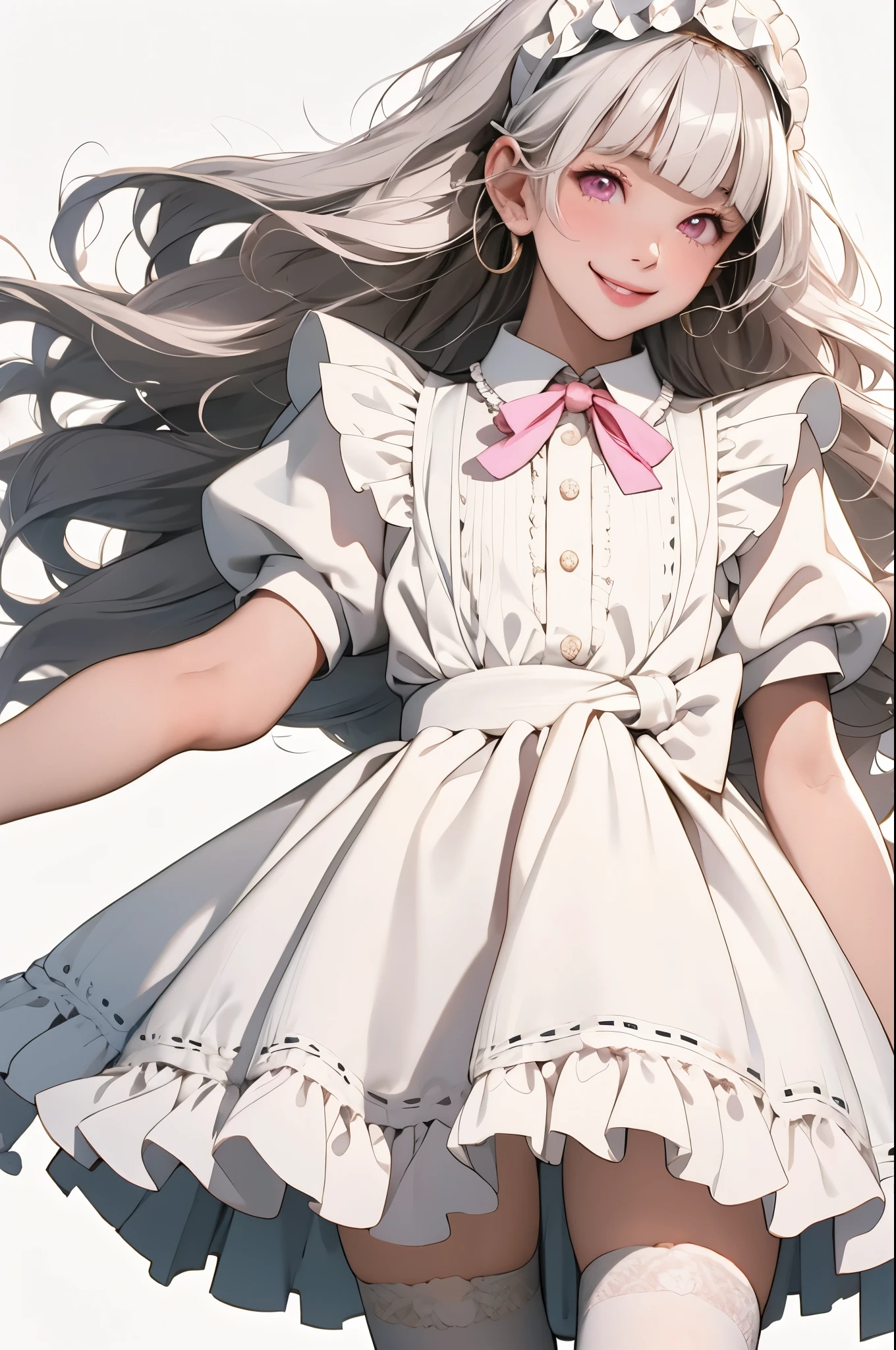 high resolution,smile,happy,light smile,woman,woman1人,adult,Clear,cute,
blunt bangs,White Hair,BREAK, Pink eyes,BREAK,wavy hair,long hair,BREAK, ((looking at viewer)),
Maid clothes,BREAK,White Stockings,BREAK,
Black frilled headband,BREAK,Facing forward,BREAK,Pink background,
BREAK,