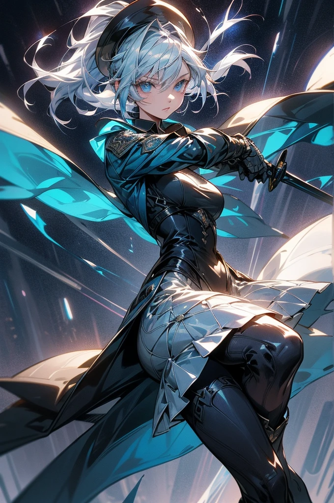 Create an image featuring a dynamic powerful female character with short ponytail silver hair and piercing blue eyes. She is wearing a detailed dark blue and black outfit with intricate white accents, including a high-collared modern style trench coat, armored shoulder pads, and a fitted bodice with ornate patterns and a commander hat. Her outfit also includes a flowing skirt with layered fabric and thigh-high boots. The character is wielding a sword with a glowing tip, held confidently in her right hand. She stands in a powerful, poised stance with one foot slightly forward and her aura spread wide behind her. The aura are large and ethereal, resembling both space and time in shades of teal and blue lightning, giving the impression of both lightning and wind elements at play. The background is soft with light colors that complement the characterr's striking presence. sc-fi theme