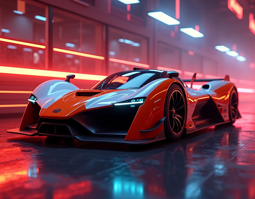 In a dimly lit, neon-lit room at night, an orange and white race car gleams with precision, its sleek lines and curves rendered in stunning detail. The high-definition digital art captures every subtle texture and reflection, as if the viewer is gazing directly at the real thing. In 4K clarity, the octane-rendered image shines like a beacon, with intricate details and lighting effects that seem to pulse with energy, retina, accurate, masterpiece, super detail, high details, best quality, award winning, highres, HD, 4K, 8k, 16k, retina, accurate, masterpiece, anatomically correct, textured skin, super detail, high quality, award winning, highres, 8k, 16k
