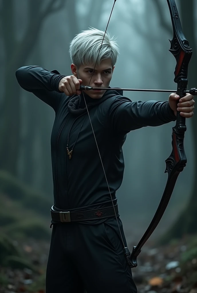 Male archer with white hair and cat eyes and black clothes