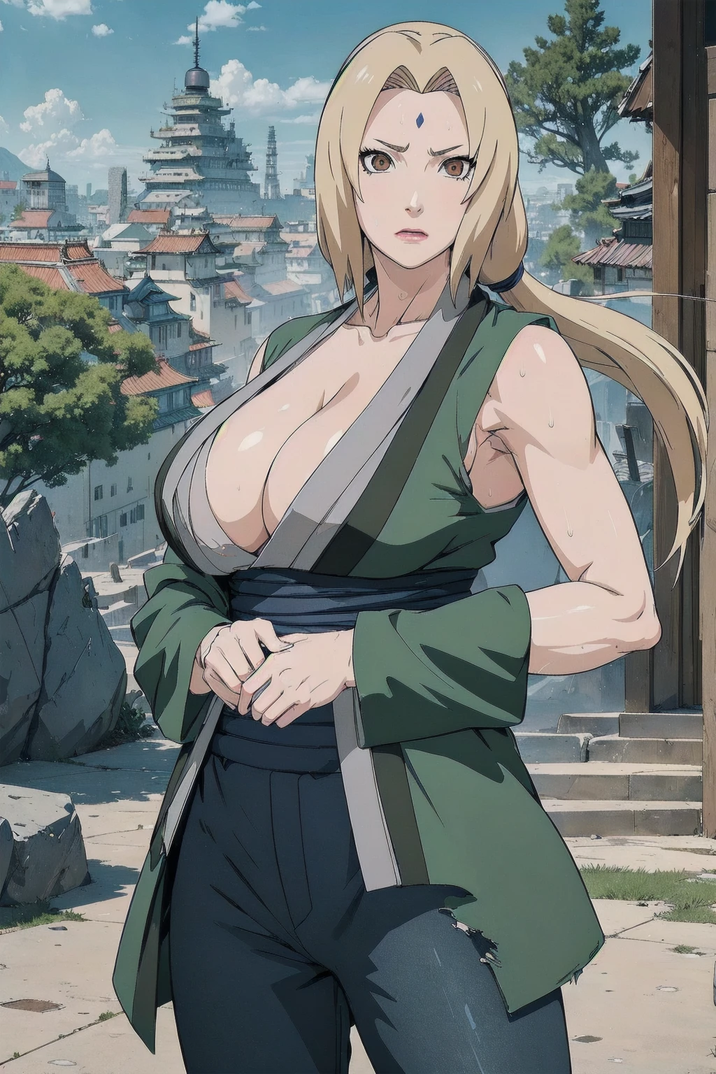 (masterpiece, highest quality:1.2), alone, One Girl, Tsunade Defense, Forehead mark, View your audience、((Battle Scenes、Fighting Pose、Sweat、Rocky area、wood、Clear sky、Ruined City、Spectators、Navy blue pants、Green haori、No sleeve、Torn clothes、Large areola、chest))、Beautiful girl with beautiful details, Professional photography illumination, Highly detailed eyes and face, Beautiful eyes in every detail、Beautiful detailed hair, Beautiful and exquisite cold face、アニメ、((No sleeve、Armpit))