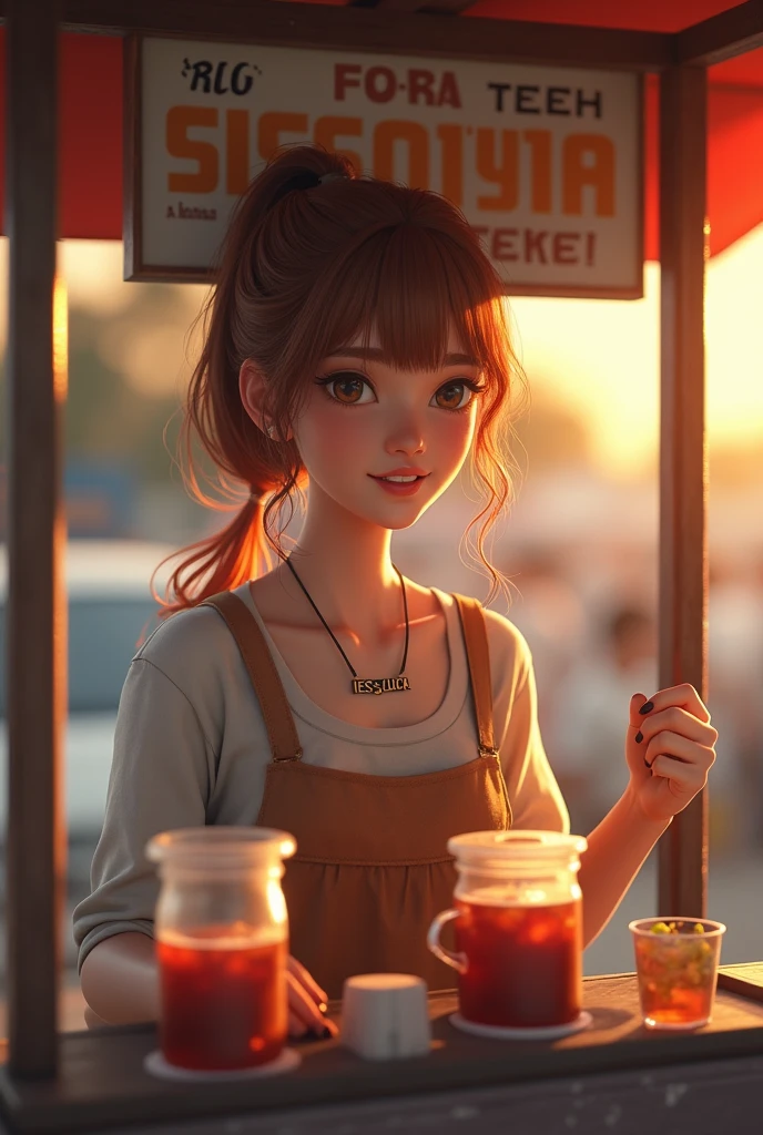  vierealistic photo shows a 23 year old Sundanese girl selling iced tea. She was wearing a knee-length white house dress, chubby, her hair was dyed slightly reddish, tied in a ponytail, wearing a necklace that said "ripto" She was in a simple booth that was marked "ES SUSU TETEH" in big letters and spelled correctly. Late afternoon atmosphere, illuminated by the setting sun. very detail.