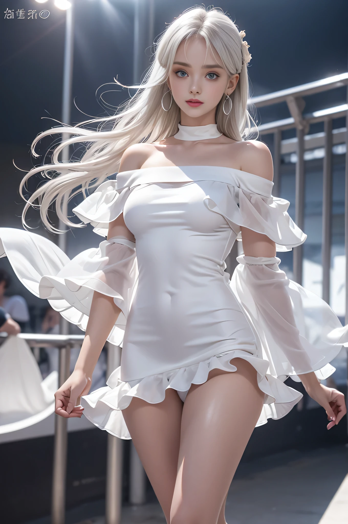 double whirlwind pattern design garment，Iris heterochromatic pupil，silver-haired girl，free high resolution,off shoulders、Off-the-shoulder semi-transparent pure white dress、((A pure white translucent one-off shoulder flared mini dress))