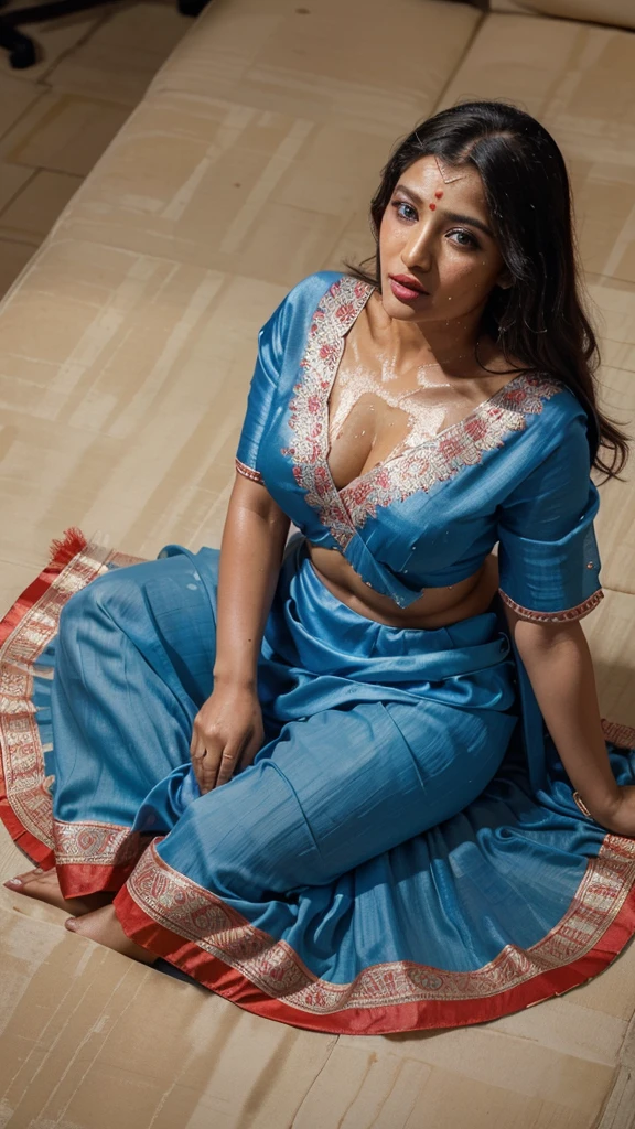Indore scene, top view , (Masterpiece, Best Quality, High Resolution), office Background, (cum Splash on blouse and lips, cum Splash on her face, Splash of cum, cum Splash), Sweet 25 year old indian bride surrounded by a group of man sitting on a office chair, hour glass body red lips, light blue colour silk saree, lightly makeup,ultra realistic, realistic, look at viewer (cinematic:1.3), intricate details, a group of naked men cheering next to her 