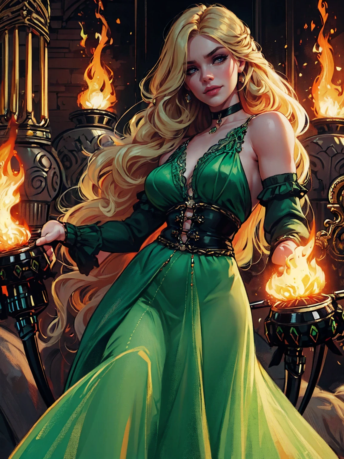 {-erro_de_anatomia:1.0} woman 40 years old, victorian clothes, (green dress), a woman (johanna constantine), very long blond hair, curly hair, (blond hair), (dark blue 1 eyes), black choker . Indifferent look , merciless, dinamic poses, egoist smile, holding one pistol (fire gun)