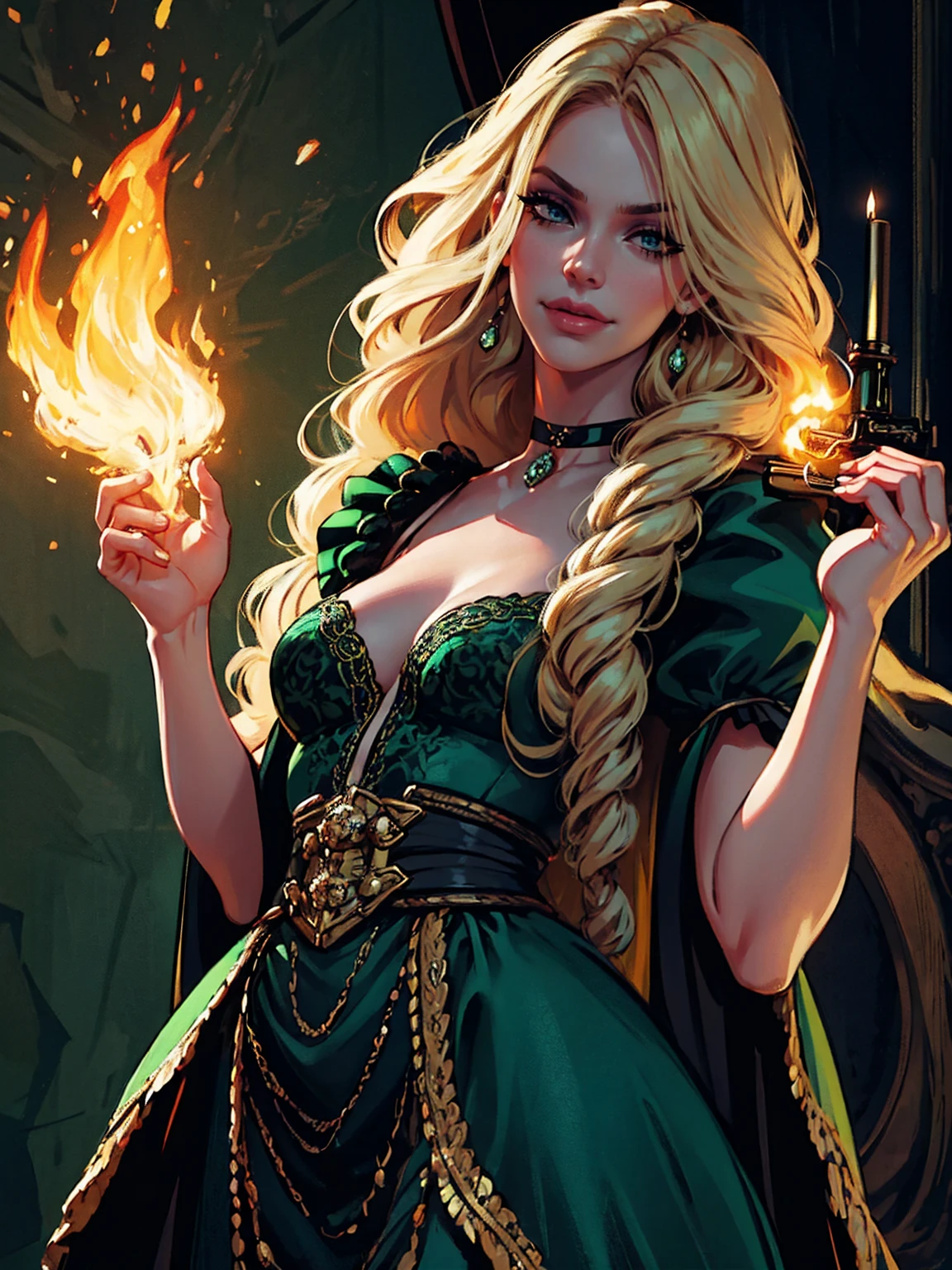 {-erro_de_anatomia:1.0} woman 40 years old, victorian clothes, (green dress), a woman (johanna constantine), very long blond hair, curly hair, (blond hair), (dark blue 1 eyes), black choker . Indifferent look , merciless, dinamic poses, egoist smile, holding one pistol (fire gun)