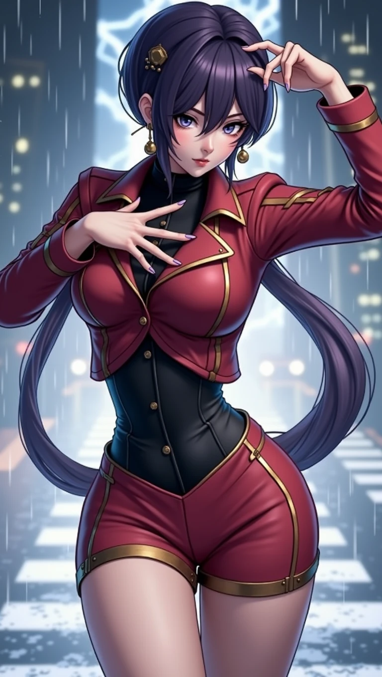 (at night), alone, in a video game scene a background of a beautiful city during the day raining, standing at attention, purple hair, lightning behind her, lightning coming out of her hand ((purple hair)), 1 girl, alone, 20 years old, young woman, perfect hands, beautiful and perfect fingers, long beautiful legs, perfect legs, beautiful body, beautiful nose, beautiful character design, perfect face, look at the viewer with a serious gesture and in a standing position attack (focusing on his face), closed mouth, Light_Smile, official art, extremely detailed CG unity 8k wallpaper, perfect lighting, bright and colorful front lighting, glowing skin (masterpiece: 1.0), (best_quality: 1.0), resolution ultra high, 4K, ultra detailed photography, 8K, HDR, high resolution, nonsense: 1.2, Kodak portra 400, film grain, blurred background, bokeh: 1.2, lens flare, (vibrant_color:1.2), professional photography, (beautiful_face : 1.5), (narrow waist),