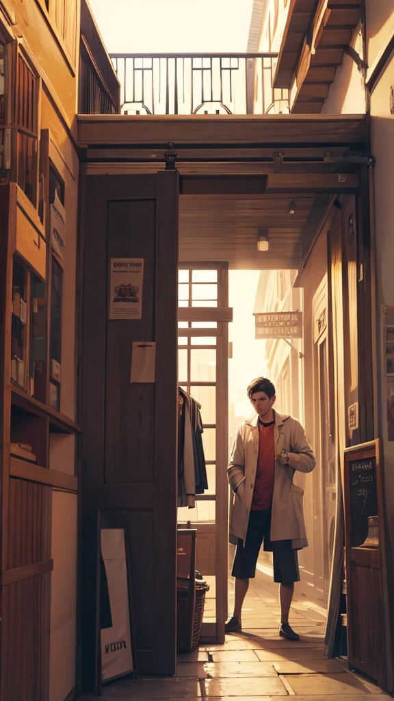 A shop keeper staniding in the shop clothes,