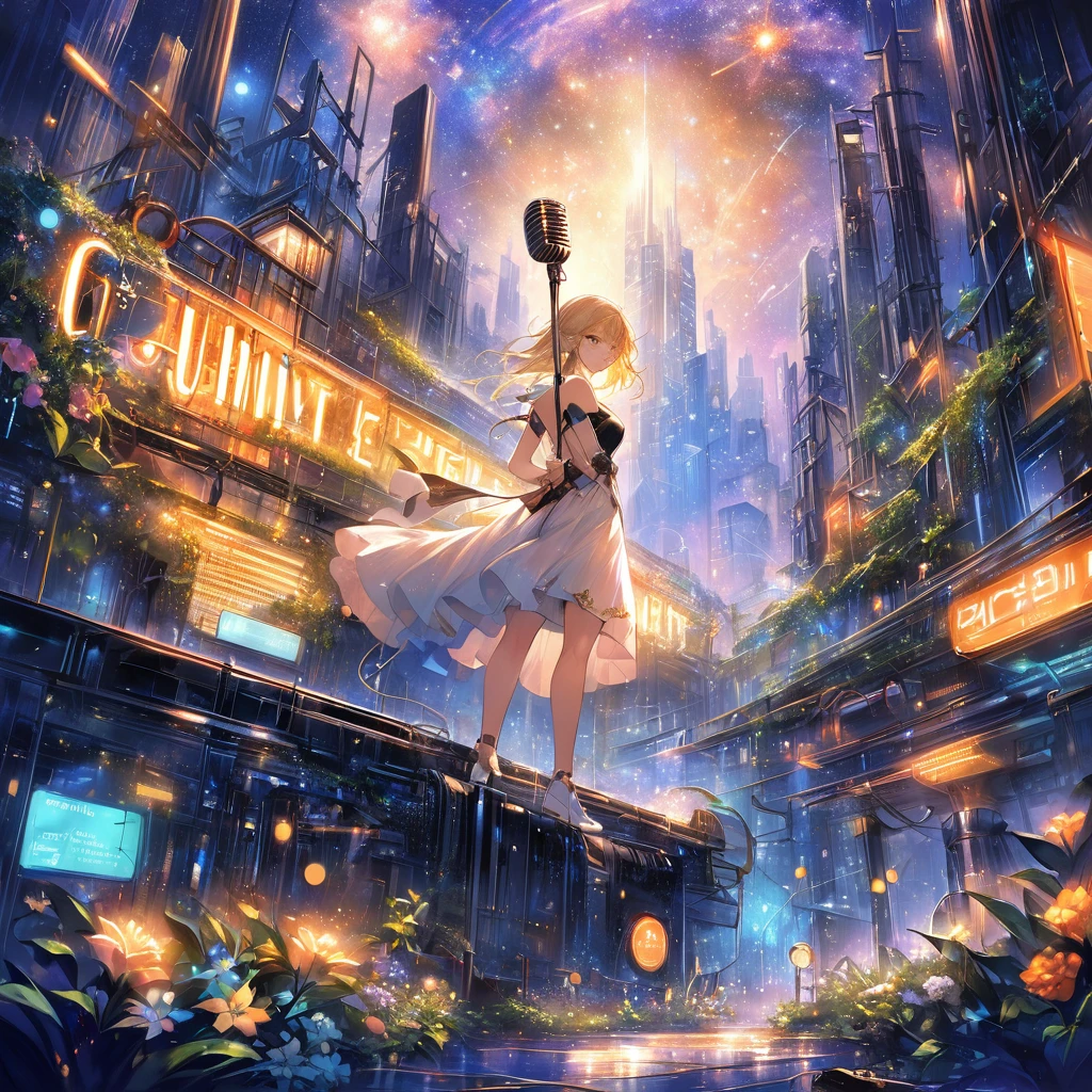 (Highest quality、masterpiece)、One Girl、Full Body Shot、stop temporarily、particle、Wind、flower、blonde、milky way、5mTake the lead、A bright and hopeful futuristic cityscape glowing with neon and brass tones. In the foreground, lit by a mix of neon lights and warm sunlight, is a powerful, realistic-looking woman holding a vintage microphone. Surrounding her is a symbol of unity and strength, like rising steam. In the background, greenery thrives among the futuristic structures, conveying hope and optimism for the future.Notes, melody, music, staff notation
