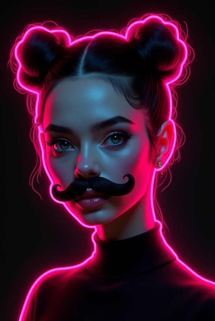 Neon pink outline with black background of woman with buns, with professional barber clipper mustache