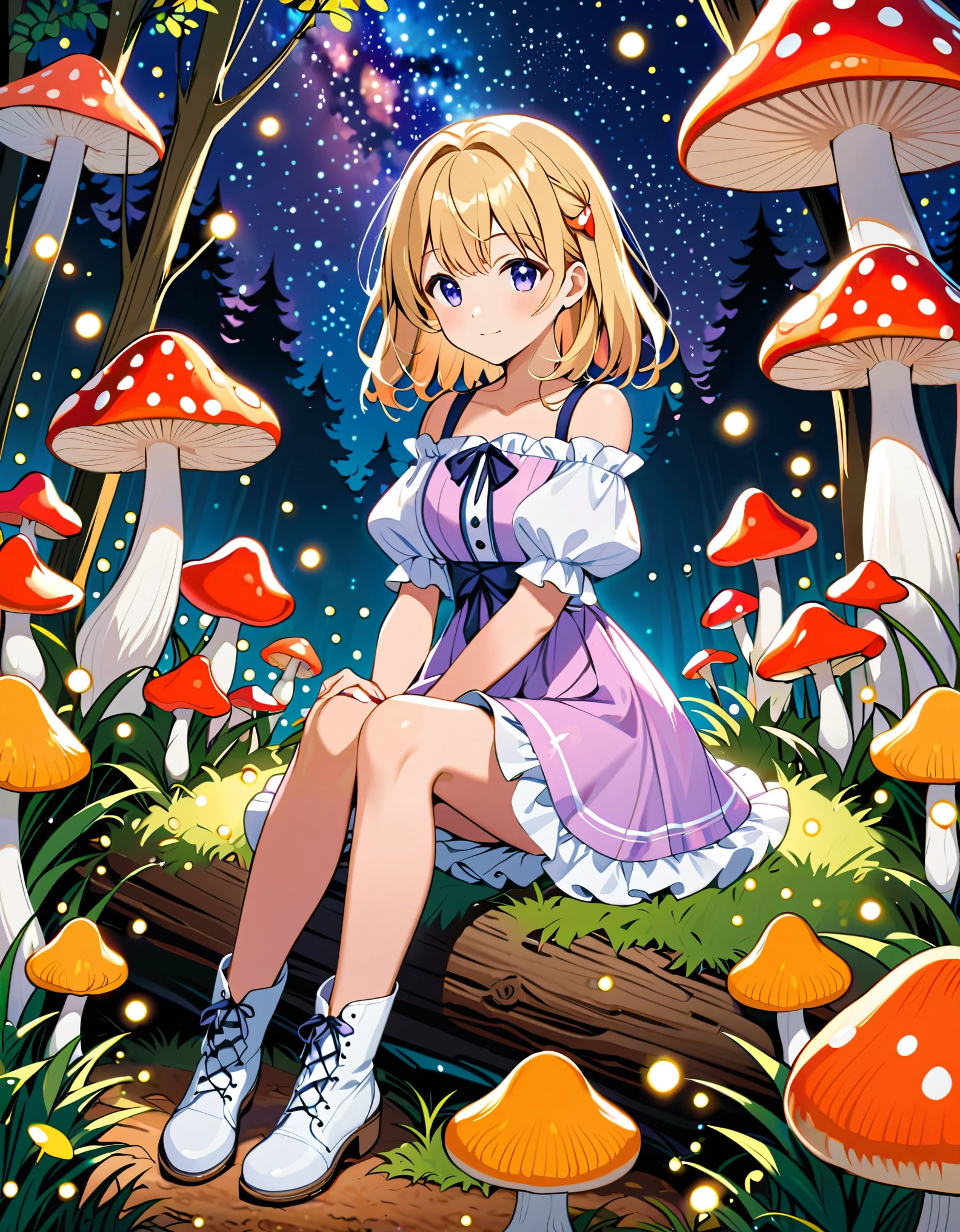 Light blonde haired anime girl with pale blue purple eyes wearing pink off shoulder puffy sleeves dress and knee length white boots sitting in the woods next to an orange mushroom surrounded by fireflies under starry sky sitting