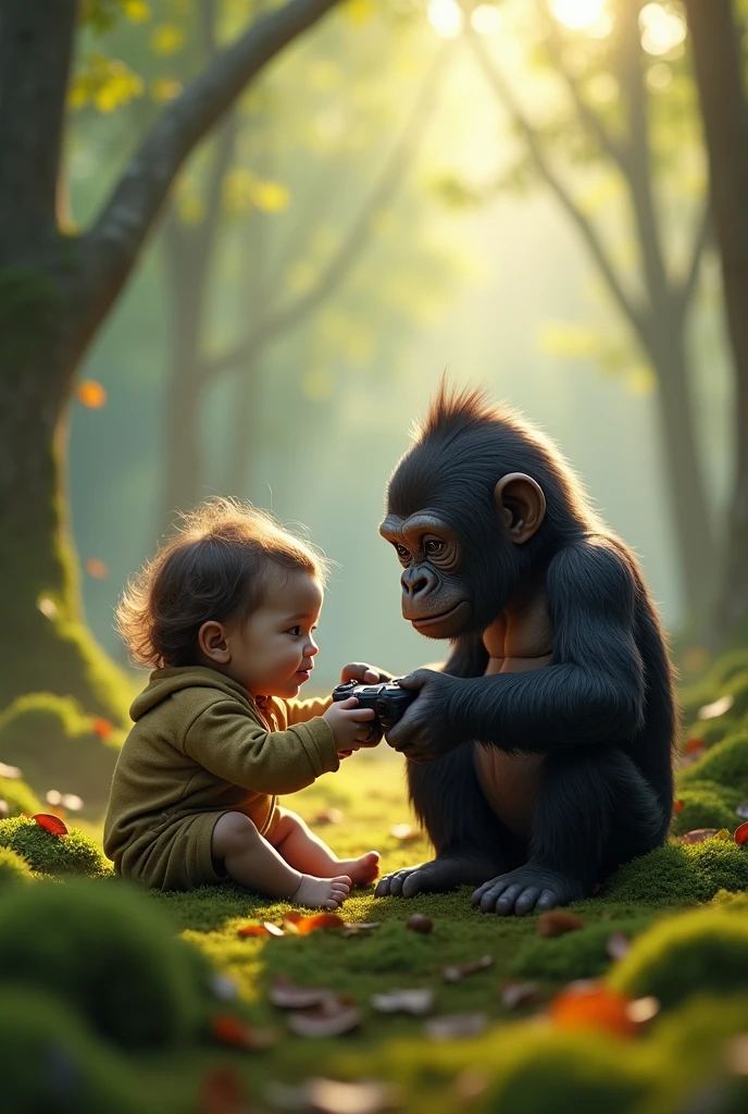 A picture of a baby gorilla and a baby playing ps5