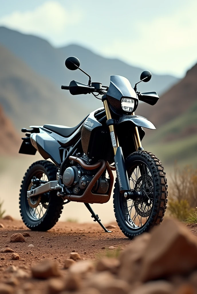 Create an enduro motorcycle with a 250cc chassis, and that it has the 700cc engine(Make the bike face sideways)