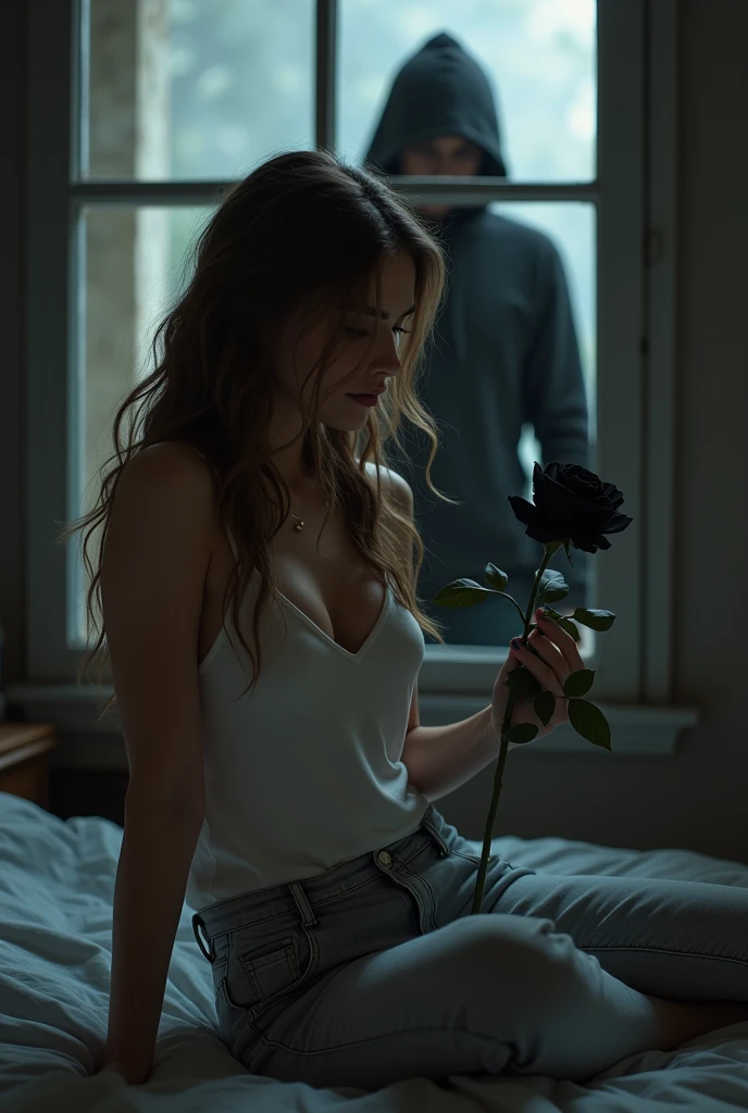 The image shows a woman with long brown hair, wearing light denim pants and a white tank top, holding a black rose and looking at flower. She is in a dark and mysterious environment, with a window behind it, where you can see a shadowy figure, a man wearing a black hoodie watching. The woman appears to be in a romantic and enigmatic situation.