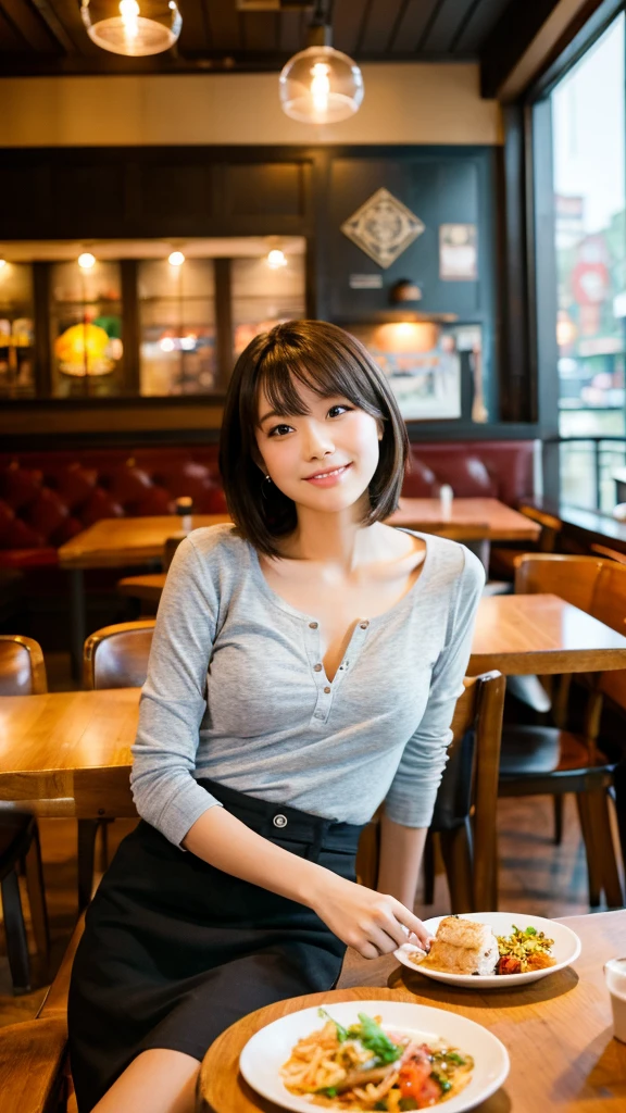 ((Best quality, 8k, Masterpiece: 1.3, raw photo)), Sharp focus: 1.2, 1 aespa girl, (realistic, photo-realistic:1.37), (face focus: 1.1), cute face, kindness, small breasts, flat chest, short messy hair, sitting, white summer casual, skirt, restaurant, bar, sunlight, cinematic lighting, from below