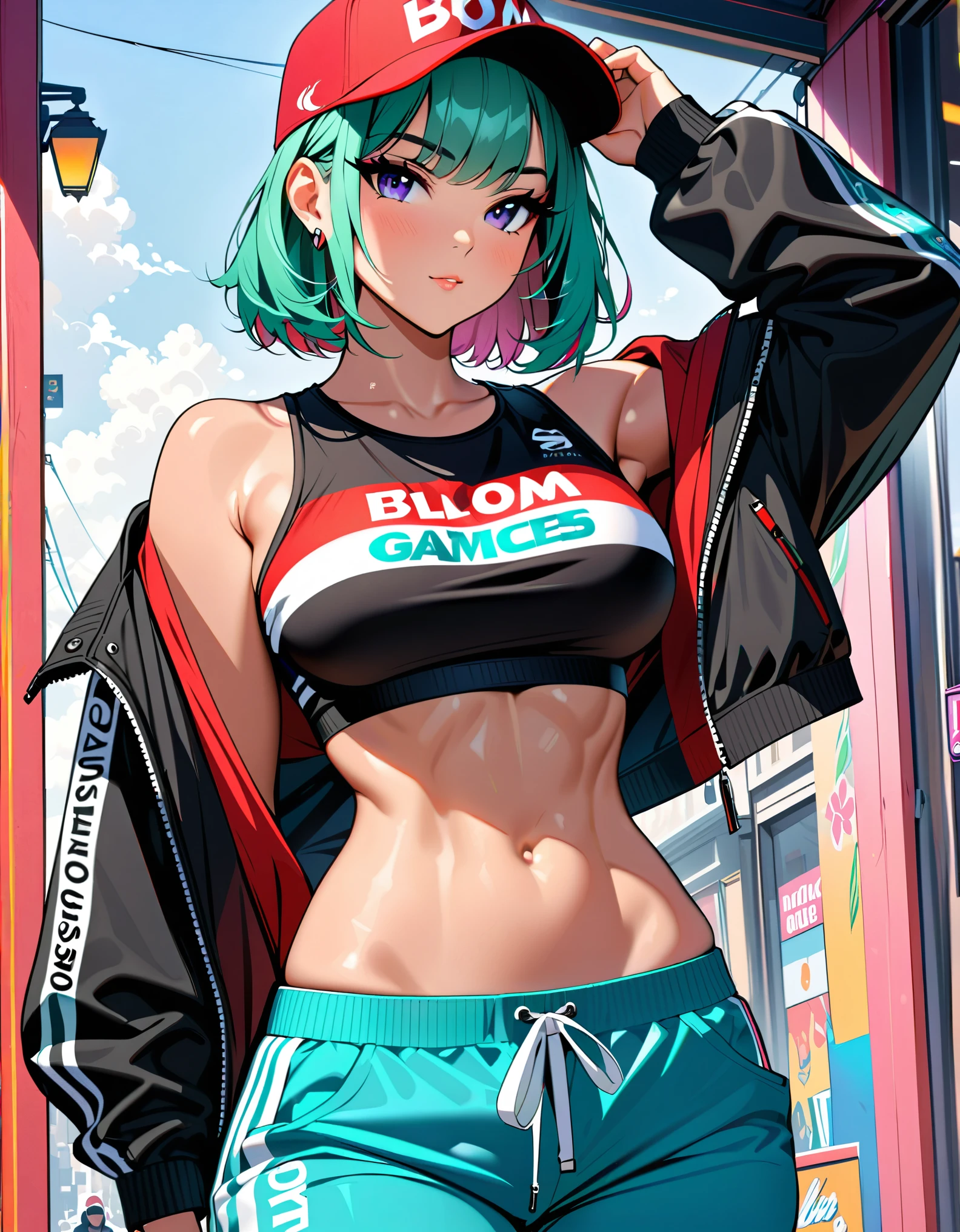 8k, masterpiece, best quality, highly detailed, 1girl, tiefling, solo, multicolored hair, very short straight hair green highlight hair on white hair, strippled hair, wearing glasses, earrings, necklace, mole, glamorous, purple and teal clothing, villainy, smirk, seductive pose, close ups view, rings, looking at viewer, demon horns, standing, gymnasium, sports bra, sports shorts, sports wear,sneakers, dodgeball.