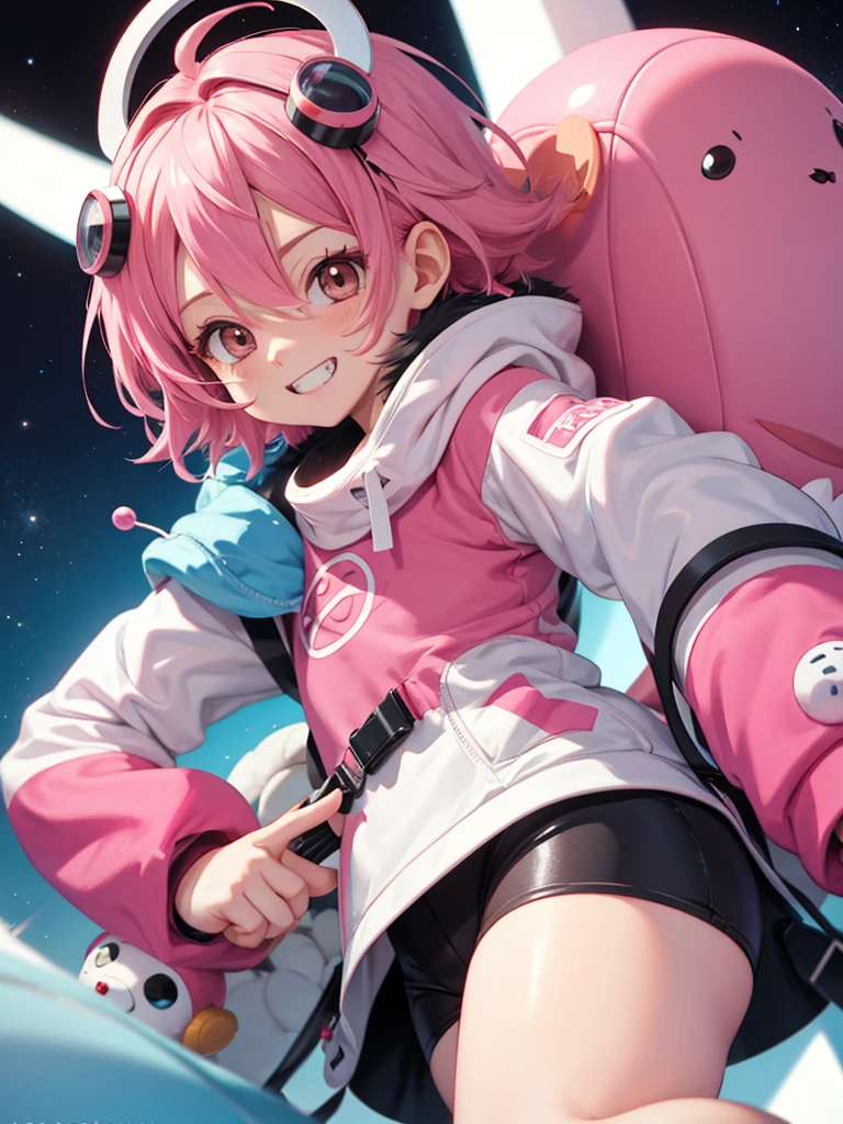 teddy bear,  teeth, pink hair, goggles, living plushie,  digimon, solo,  no humans,     digimon style,   ludomon,