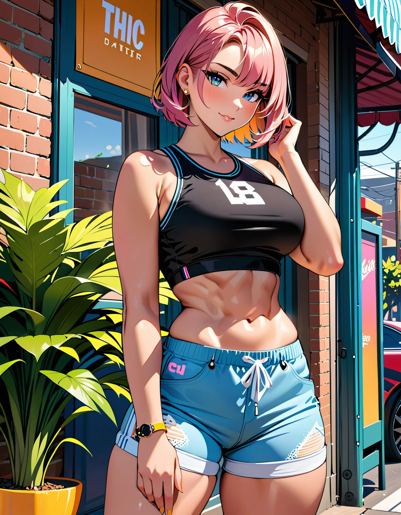 cmodel, digital illustration, (masterpiece:1.2), high quality, detailed eyes, extremely beautiful young female, short hair, streetwear, thicc, (abs:1.2), (bloom:1.2)