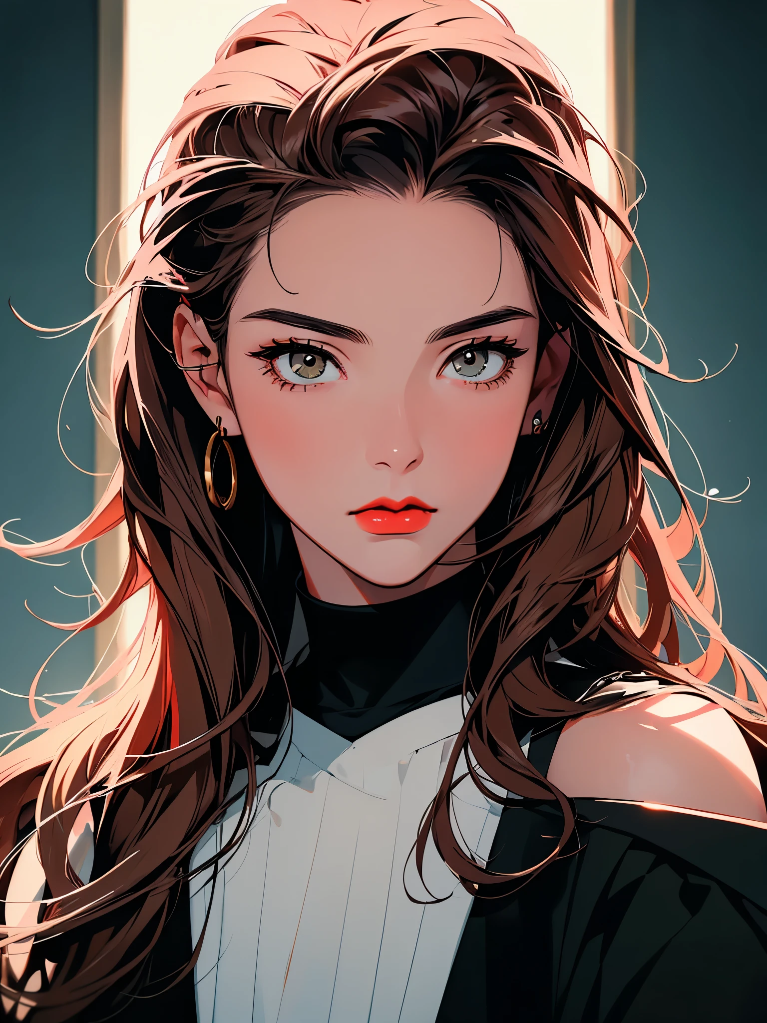 2d illustration, anime, a painting in fine arts, in manhwa style, (boa hancock), 1girl, brown hair, long hair, big hair, golden eyes, makeup, (red lips), beautiful, high definition, masterpiece, best quality, high detail, high detailed eyes, grain filter, Detailed lips, high resolution, ultra-detalhado, mulher caucasiana, realista proportions, Anatomicamente preciso, bochechas rosadas; intimate distance, dark lighting, alta qualidade, premiado, high resolution, 8k, dark atmosphere, ((sexy)), (detail eyes), (mature)