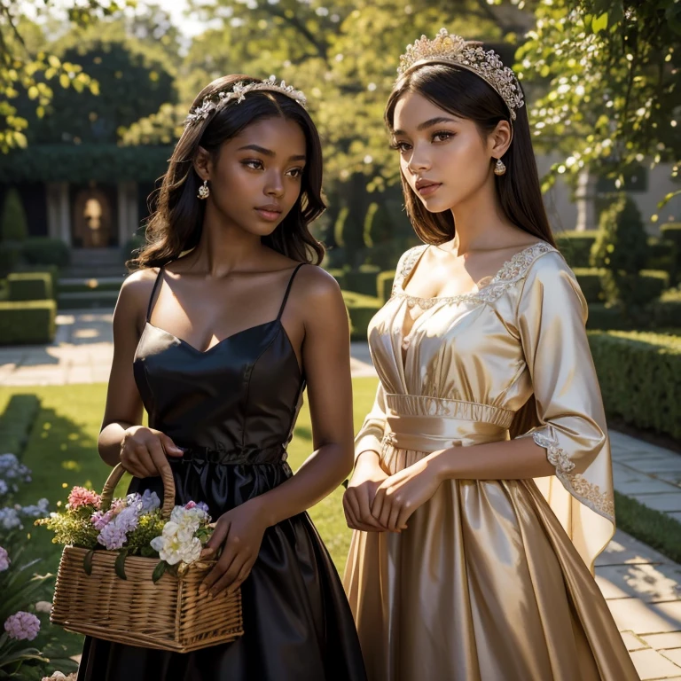 (​masterpiece, best quality:1.5), highest quality, High resolution, super detailed, Realists, Upper body photo of a black 18 year old flower girl, black skin, detailed and beautiful eyes, beautiful detailed lips, very detailed eyes and face, longeyelashes, 18 year old black girl in a short dress made of shiny brown satin fabric, Beautiful and colorful makeup, elegant and noble々Pose,shiny satin headband, grind, Holding flowers, Gardens as background, soft daylight, bright colors, fine brushstrokes, Portrait style, Noble details in the dress fabric, beautiful color palette, glowing skin, First-class rendering, that captures every detail, enchanting atmosphere, subtle shadows and lights, (perfect anatomy:1.2), (The two stunning flower girls in brown dresses hold baskets with satin scarves. Exchange glances.  (magnificent panorama view:1.2)