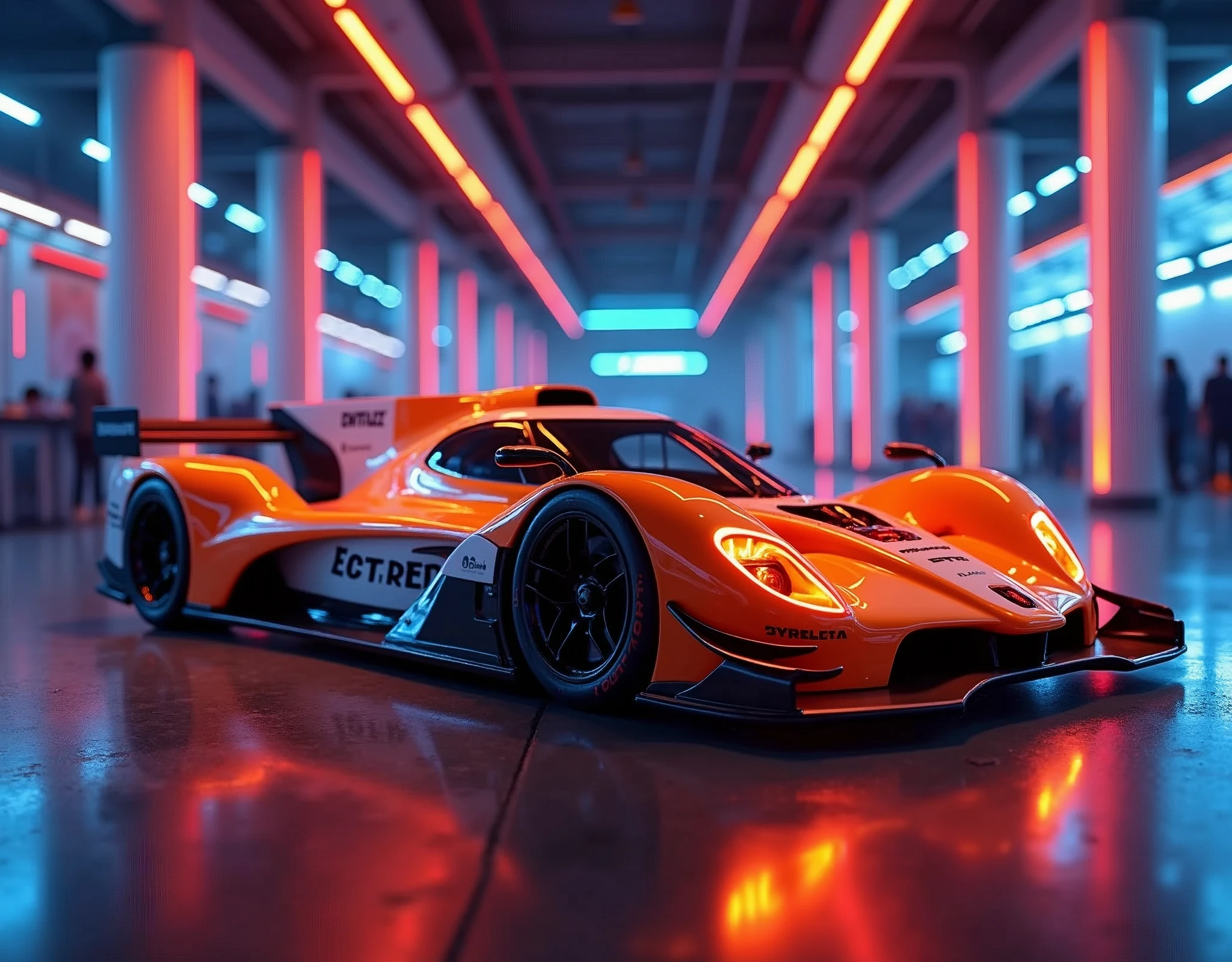 In a dimly lit, neon-lit room at night, an orange and white race car gleams with precision, its sleek lines and curves rendered in stunning detail. The high-definition digital art captures every subtle texture and reflection, as if the viewer is gazing directly at the real thing. In 4K clarity, the octane-rendered image shines like a beacon, with intricate details and lighting effects that seem to pulse with energy, retina, accurate, masterpiece, super detail, high details, best quality, award winning, highres, HD, 4K, 8k, 16k, retina, accurate, masterpiece, anatomically correct, textured skin, super detail, high quality, award winning, highres, 8k, 16k