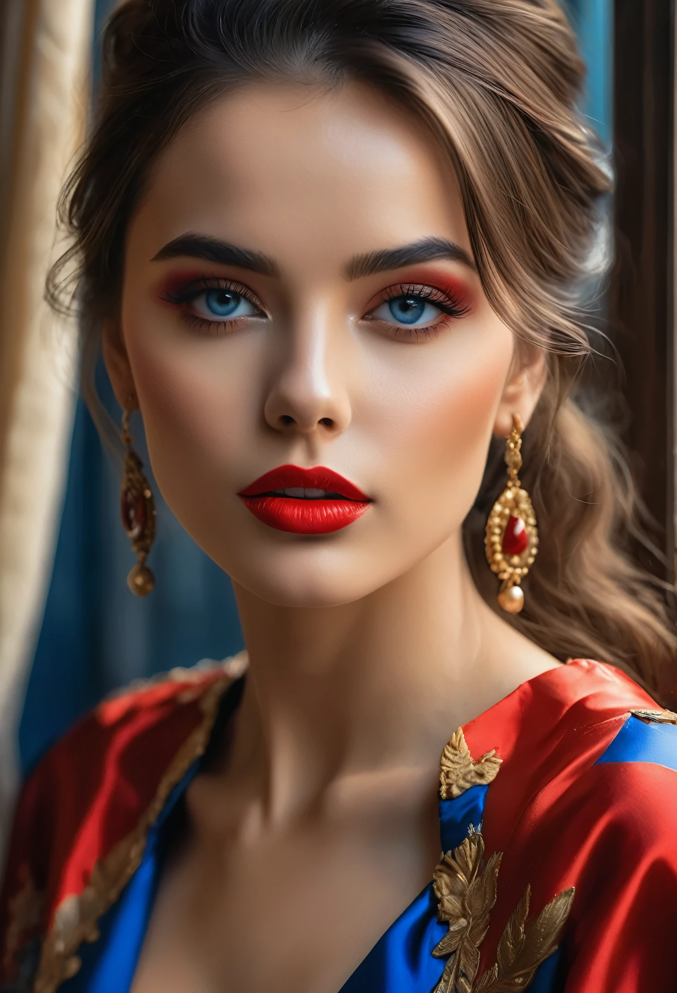 (best qualityer, 4K, 8k, high resolution, work of art: 1.2), (super verbose, realisitic, Fotorrealisitic:1.37)A captivating young woman, wearing a striking red and blue ensemble, stands in front of a window with an air of toughness and determination. Her enchanting eyes are exquisitely detailed, capturing every shine and depth, while her lips boast a meticulous beauty that is both captivating and seductive. The level of detail extends to the entire face, every contour and feature meticulously rendered to perfection, creating a sense of hyperrealism that draws the viewer in. 

The costume of , reminiscent of oil painting art, é uma work of art em si. The factory, expertly crafted to resemble vibrant brushstrokes, adds a touch of dynamism to your overall look. It is a true reflection of the artist&#39;s talent, showing mastery