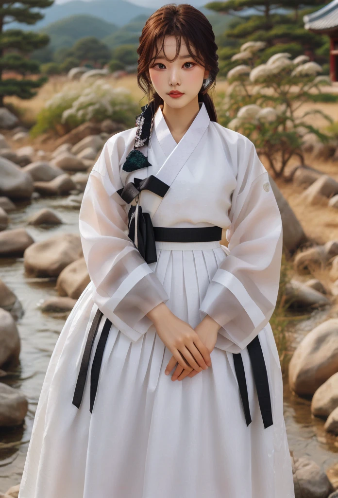 masterpiece, Best quality, 1 woman, alone, Summer hanbok made of soft material, 