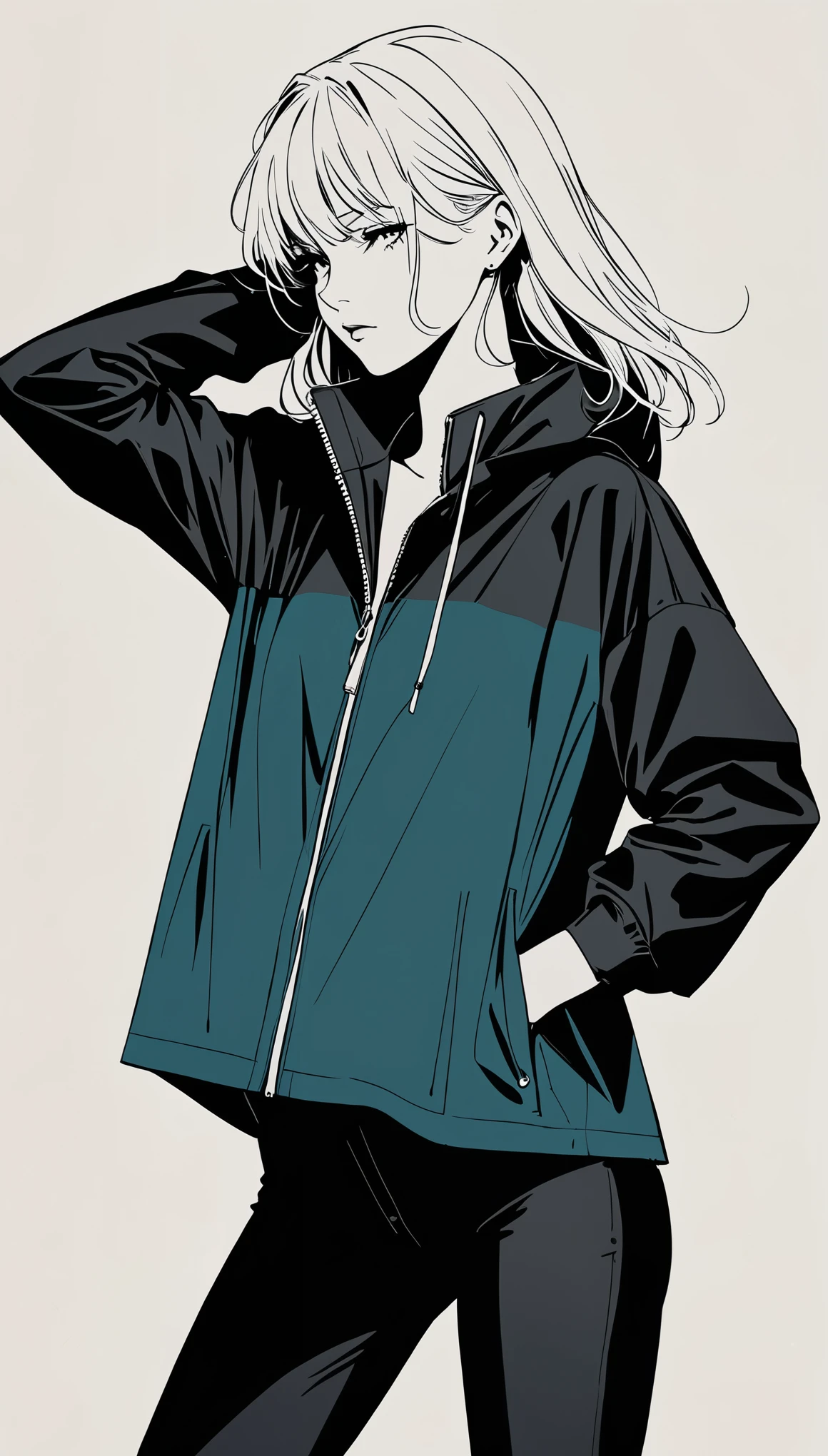 in style of Bradley K. McDevitt ,in style of Hans Hartung,
half body,1girl,death style,Windbreaker,noble,gorgeous,Minimalist style,