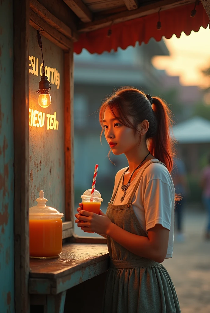 realistic photo shows a 23 year old Sundanese girl selling iced tea. She was wearing a knee-length white house dress, chubby, her hair was dyed slightly reddish, tied in a ponytail, wearing a necklace that said "ripto" She was in a simple booth that was marked "ES SUSU TETEH" in big letters and spelled correctly. Late afternoon atmosphere, illuminated by the setting sun. very detail.