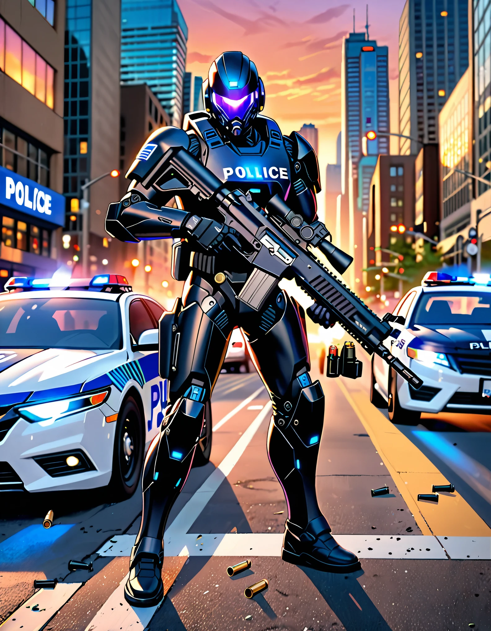 ((masterpiece, best quality, hires)), 1boy, male focus, solo focus, mature adult, age 30, canadian police officer, cyborg, muscular, (jet black cybernetic battle suit, glowing blue circle on chest), (black hair, dark purple eyes), (in front of a police car riddled with bullets), toronto city street backdrop, cowboy shot, sunset, excited look, ready for battle, front view, ((using gun, cyber rifle, shell casings coming from gun)), full body with costume.