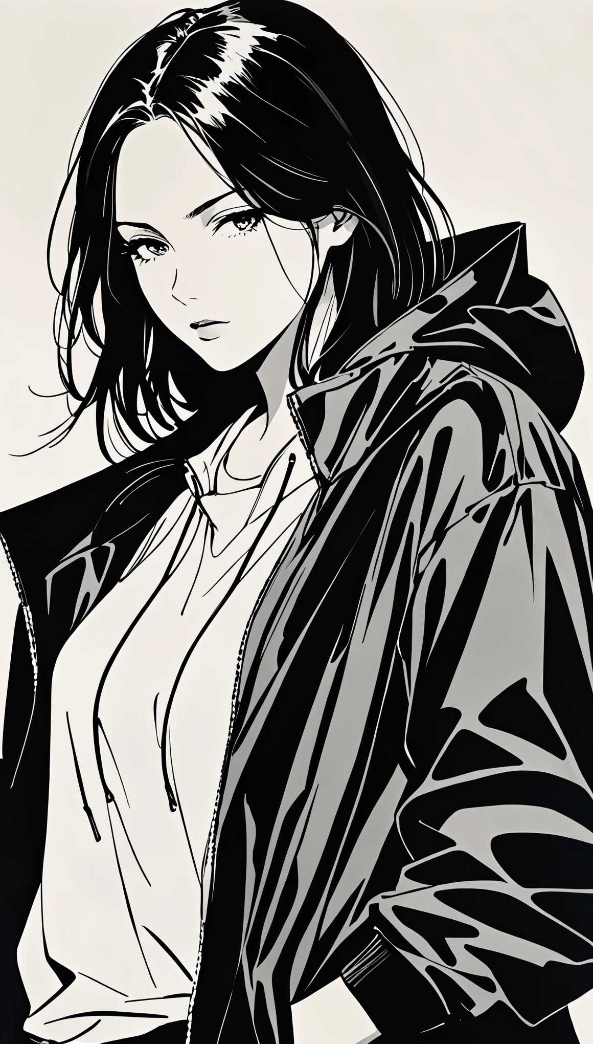 in style of Bradley K. McDevitt ,in style of Hans Hartung,
half body,1girl,death style,Windbreaker,noble,gorgeous,Minimalist style,