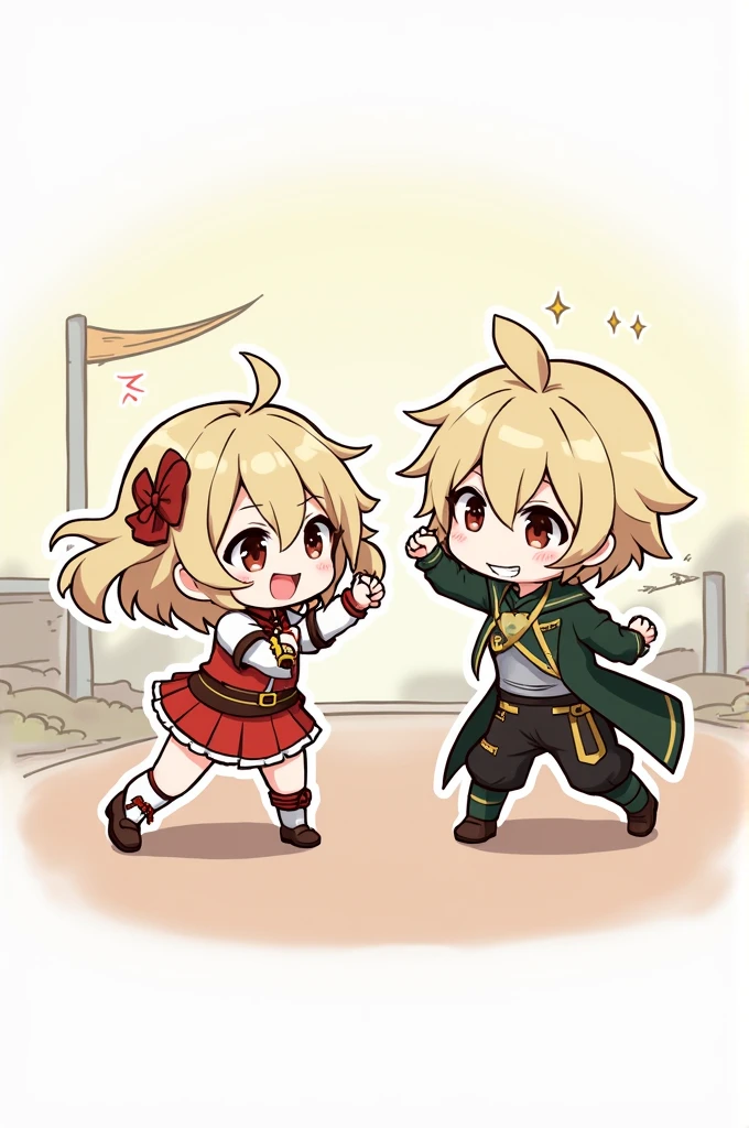 Light (female protagonist of genshin impact) punching childe (de genshin impact) in the face for trying to hug her both in chibi mode.  