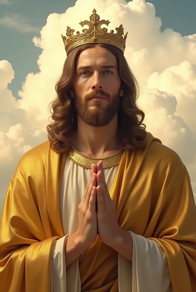 Perfect hand 5 finger, Portrait of a handsome Jesus Christ wearing gold clothes of crown king in the clouds, Jesus Christ, real blue eyes, sunny day, intricate details.real Jesus Christ, straight head face, Straight body.Prayer Jesus Christ, perfect full body, perfect hands finger,Prayer Jesus Christ, praying Jesus Christ backgrounds natural photographic