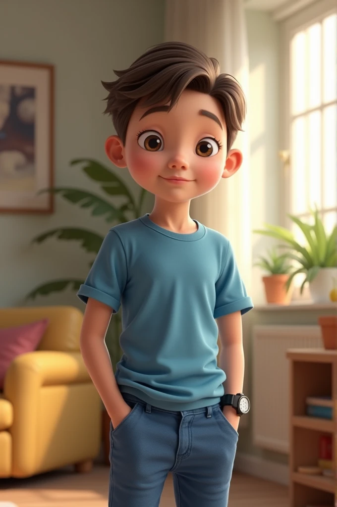 A 10-year-old boy wearing a blue shirt and blue cotton pants and wearing a wristwatch stands in the living room.