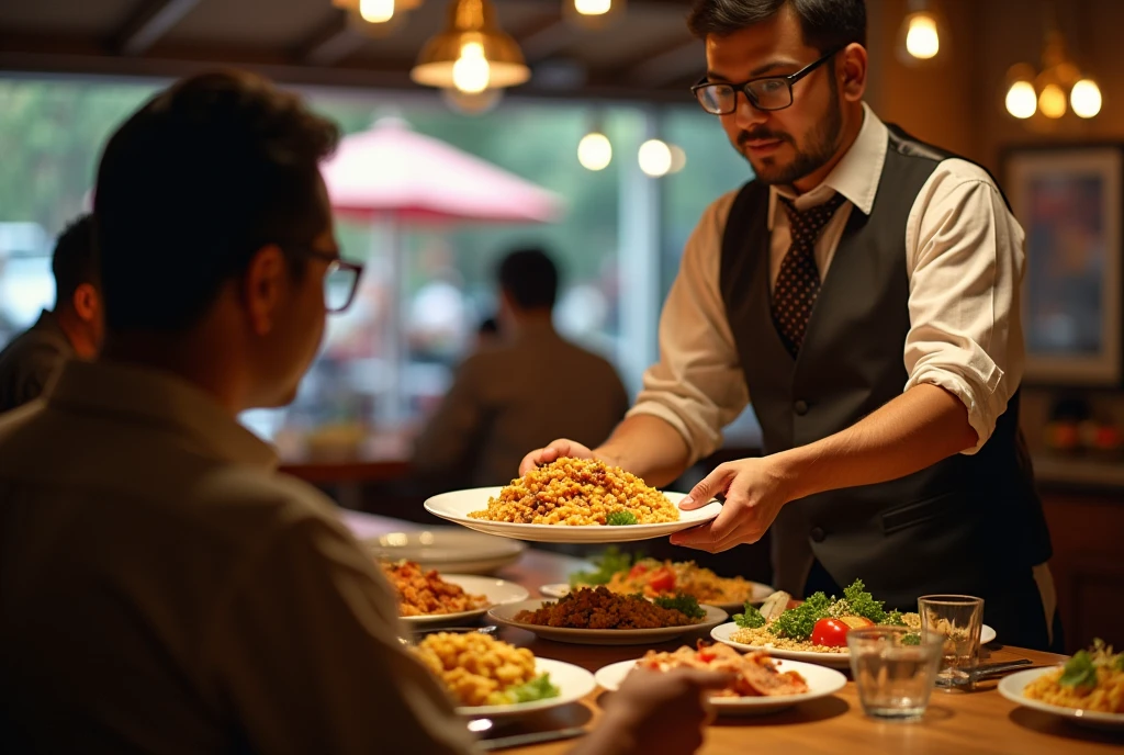 a Bangladeshi waiter is serving plates with food to the customer. customer enjoying food on the table.