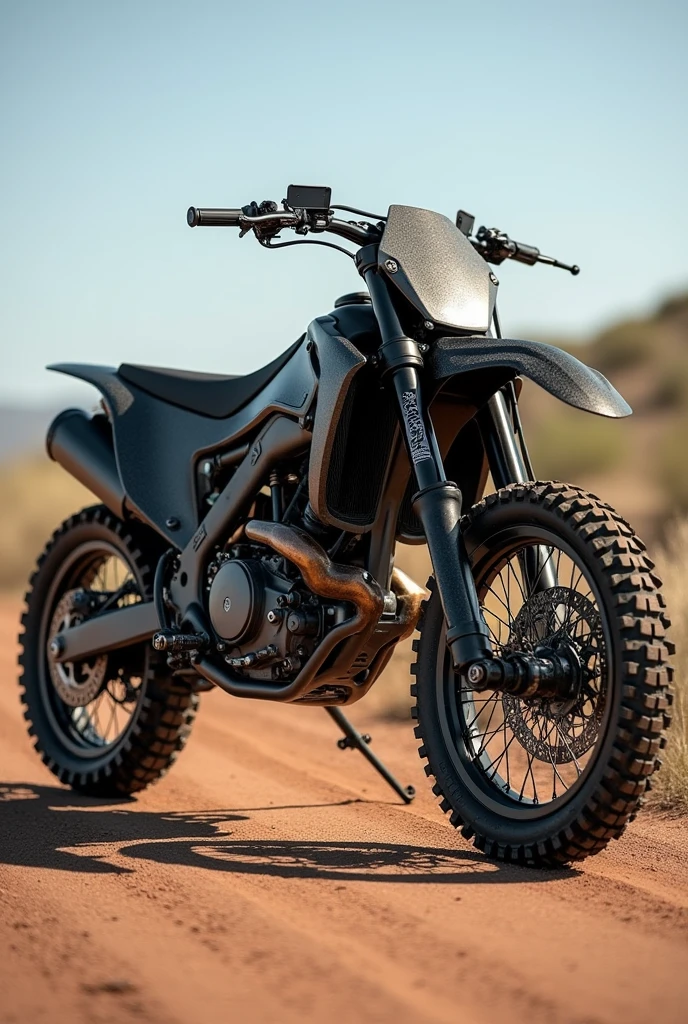 Create an enduro motorcycle with a 250cc chassis, and that it has the 700cc engine(Make the bike face sideways)