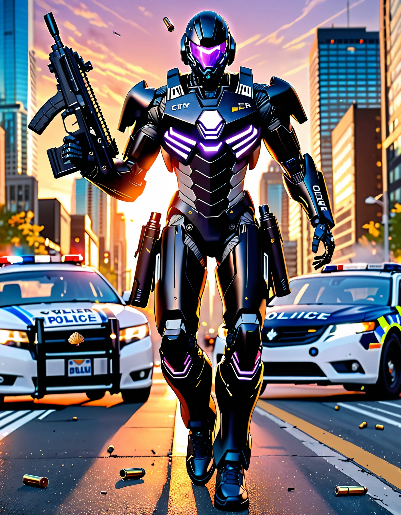 ((masterpiece, best quality, hires)), 1boy, male focus, solo focus, mature adult, age 30, canadian police officer, cyborg, muscular, (jet black cybernetic battle suit, glowing blue circle on chest), (black hair, dark purple eyes), (in front of a police car riddled with bullets), toronto city street backdrop, cowboy shot, sunset, excited look, ready for battle, front view, ((using gun, cyber rifle, shell casings coming from gun)), full body with costume.